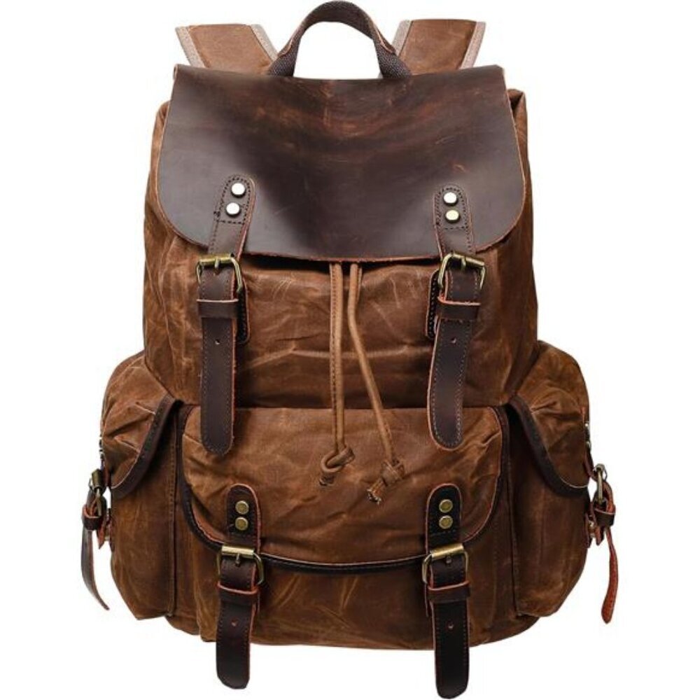 Waxed Canvas Leather Backpack Men 15" Laptop Rucksack
